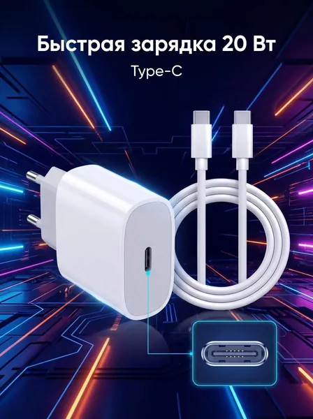 Комплект 20W Type-C быстрая зарядка для iPhone и Android, адаптер + кабель 1м