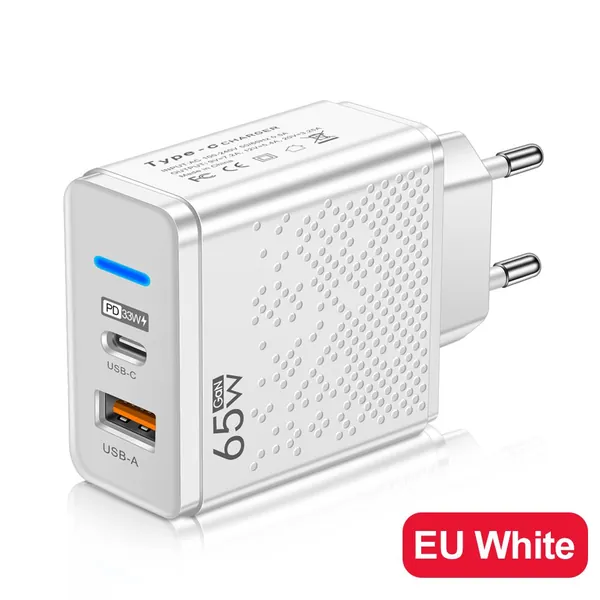 Светодиодный зарядное устройство USB-A и USB-C PD 33 Вт с подсветкой, евровилка, белый цвет
