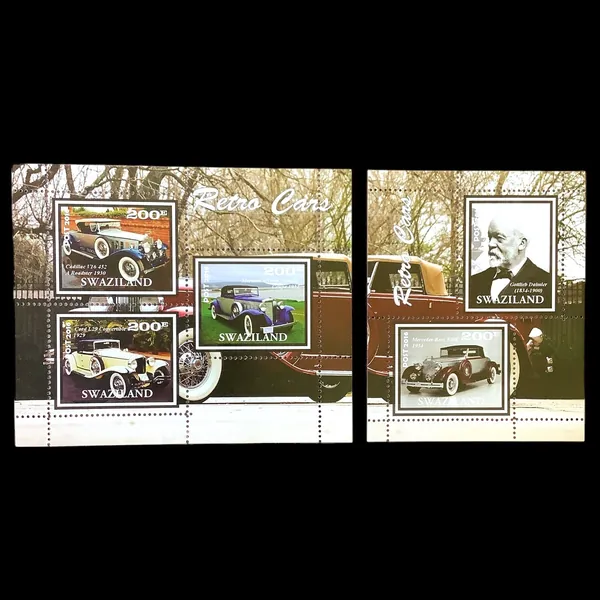 Набор почтовых блоков Свазиленд "Ретро автомобили (Marmon, Cadillac). История транспорта - руководители известных автомобильных производств - Готтлиб Даймлер" 2016 год, без гашения, 2 штуки