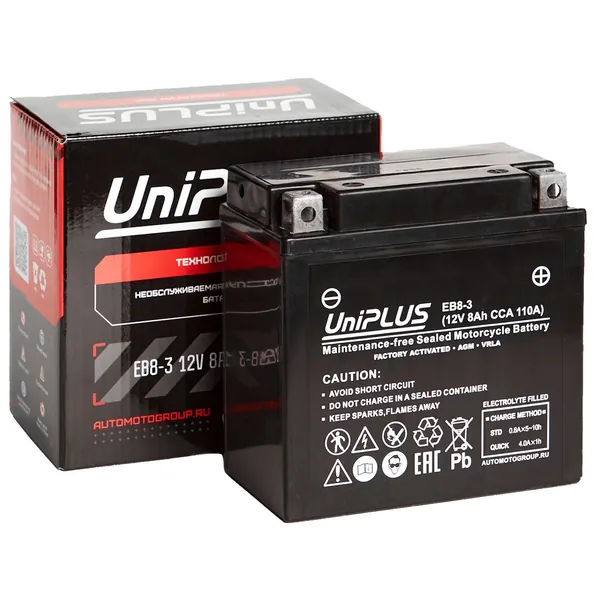 Мото аккумулятор Leoch UniPLUS EB8-3 (12В 8Ач 110А 135х75х135мм) обр.пол.