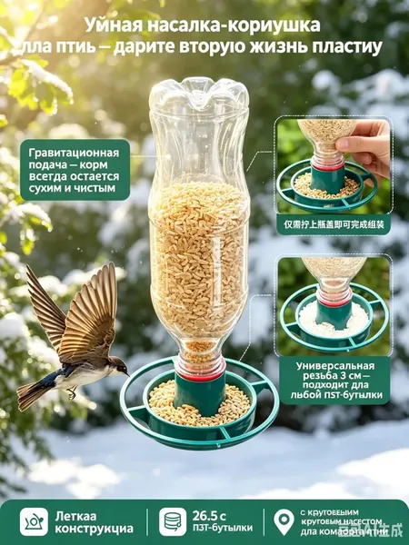 Кормушка для птиц уличная, эко-насадка дозатор на пластиковую ПЭТ бутылку, диспенсер подвесной для сада дачи и бёрдвотчинга