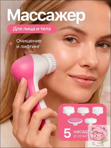 Массажер для лица и тела, 2 Вт, 2 скорости, 4 насадки, розовый