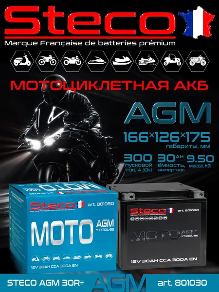 Аккумулятор STECO AGM Moto 30ач (YTX30L-BS), 2026г