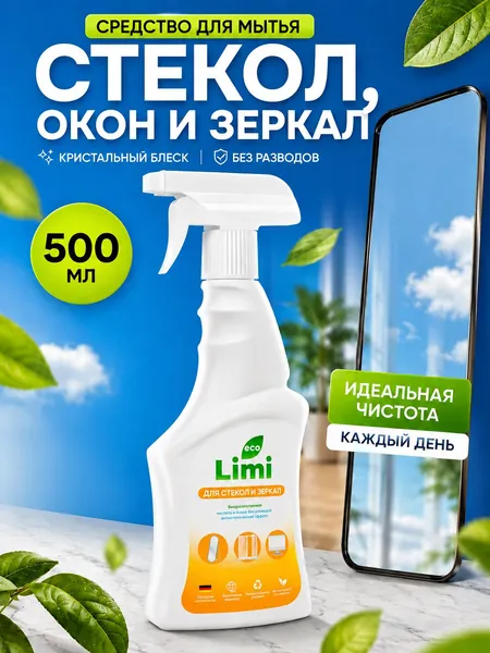 Средство для мытья стекол, окон и зеркал LIMI с антибактериальным действием, для глянцевых и пластиковых поверхностей, универсальное, без разводов, после ремонта, профессиональная бытовая химия