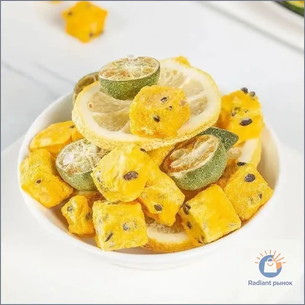 Натуральный фруктовый чай: Сушёная кубики маракуйи, Зелёные мандарины и лимоны. Богаты витамином C. Сделайте свой фруктовый чай (DIY) быстро и удобно, просто залейте водой, напиток готов