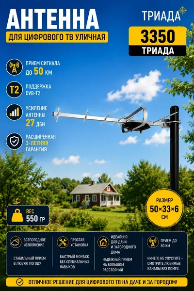 Антенна для цифрового ТВ уличная из алюминия Триада 3350 ДМВ, DVB-T2, направленная активная, для прямого сигнала. Крепление на кронштейн или мачту. Дальность действия до 50 км.
