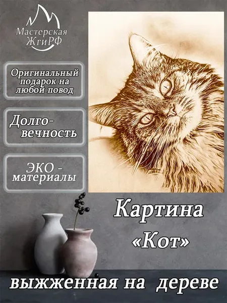 Картина выжженная на дереве Кот 40х60см