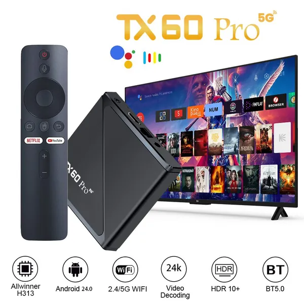 ТВ-приставка TX60 Pro, Android, чип Allwinner H313, декодирование 24K/8K, двухдиапазонный WiFi, Bluetooth-пульт с голосовым управлением