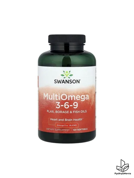 Swanson Multiomega 3-6-9, Омега 3-6-9, Рыбий жир + Масло огуречника + Льняное масло, 120 мягких капсул, Жирные кислоты, витамины для сердца и сосудов, для мозга, для здоровья кожи