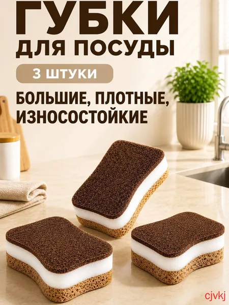 Губка губки для мытья посуды, Поролон, 3 шт.
