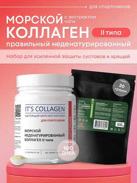 Правильный нативный морской коллаген в форме порошка 2 типа ITS COLLAGEN для спортсменов и людей испытывающих постоянные физические нагрузки, и подарком коллагена 2 типа с экстрактом чаги.