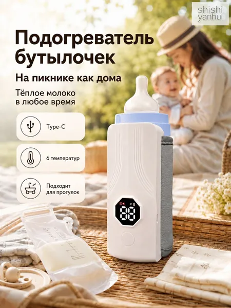 Подогреватель для бутылочки портативный, 6 режимов температуры, функция долгого поддержания тепла, температурный дисплей, компактный для выезда на природу, совместим с бутылочками диаметром до 80 мм