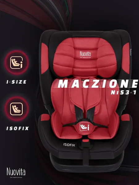Детское автокресло группы 1/2/3 с боковой защитой Maczione Nis3-1 c креплением isofix в машину, удерживающее устройство с якорным ремнем, автомобильное, с растущим подголовником, I-SIZE