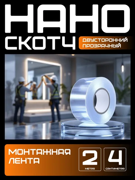 2m-4cm. НАНО СКОТЧ прозрачный многоразовый двусторонний водостойкий. Крепление без сверления картин, зеркал, часов, фото, полок, табличек, постеров, крючков. Сильная фиксация. Нано лента.