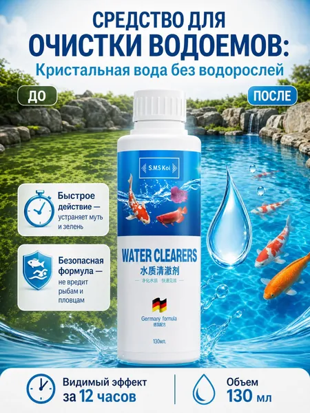 Средство для очистки водоемов,удаление зелёных водорослей и ила, кристально чистая вода за 12 часов, безопасен для рыб и растений, устранение запаха и мутности, для прудов, фонтанов и водоёмов