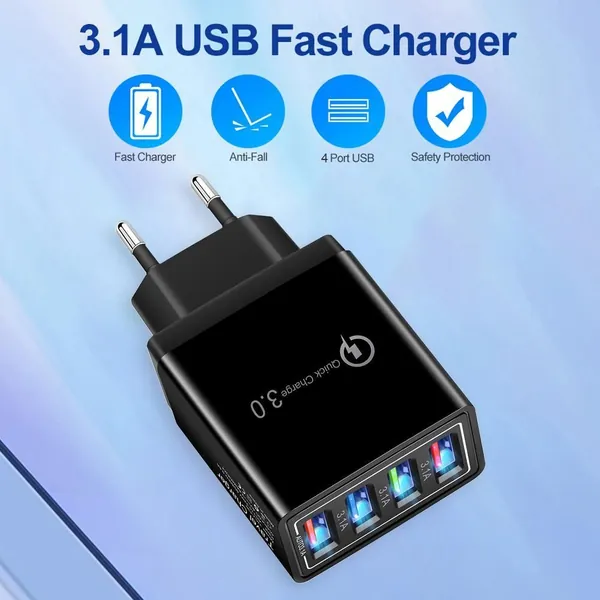 Четырёхпортовый USB-зарядное устройство с LED-подсветкой для путешествий, тип ЕС, чёрный