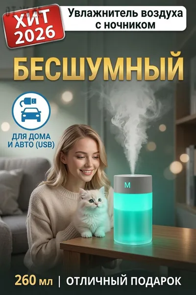 Увлажнитель воздуха Увлажнитель воздуха 260 мл Увлажнитель воздуха «Small M Humidifier» Белый — мини-USB аромадиффузор, с ночником, бесшумный, портативный, для дома и офиса, светло-серый, светло-серый, желтый