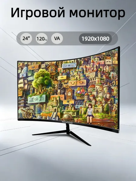 VecorSonic 24" Монитор изогнутый дисплей, 1K120 Гц, Безрамочный дисплей,Монитор с защитой от синего света (24cun 1K 120hz QH-KF33), VA, 1920x1080 Full HD, 120 Гц, Изогнутый экран, черный матовый