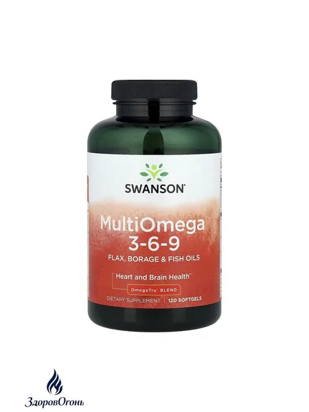Swanson Multiomega 3-6-9, Омега 3-6-9, Рыбий жир + Масло огуречника + Льняное масло, 120 мягких капсул, Жирные кислоты, витамины для сердца и сосудов, для мозга, для здоровья кожи