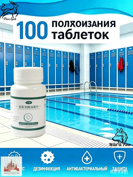 100 штук дезинфицирующего средства для плавательного бассейна. Он используется для чистки плавательных бассейнов, предметов первой необходимости, очистки и дезинфекции ванных комнат