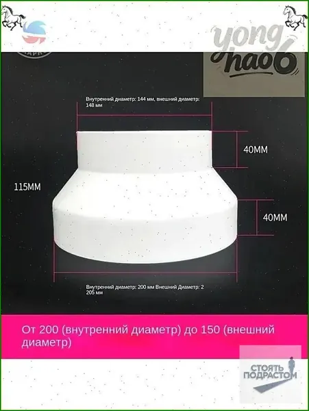 Вентиляционная трубка-редуктор воздуховода от 200 мм до 150 мм