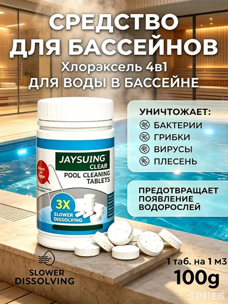 Хлорные таблетки для бассейна 4в1 Jaysuing Pool Cleaning, дезинфицирующее средство от вирусов плесени водорослей, медленное растворение, для бань аквапарков спортивных и частных бассейнов, 1 таб на 1м