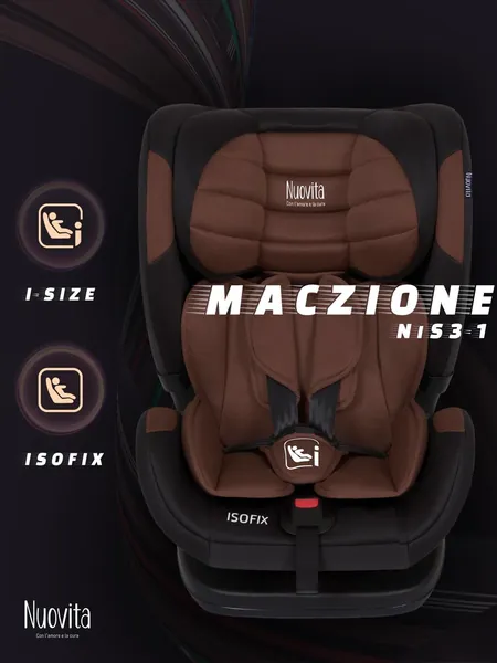 Детское автокресло группы 1/2/3 с боковой защитой Maczione Nis3-1 c креплением isofix в машину, удерживающее устройство с якорным ремнем, автомобильное, с растущим подголовником, I-SIZE