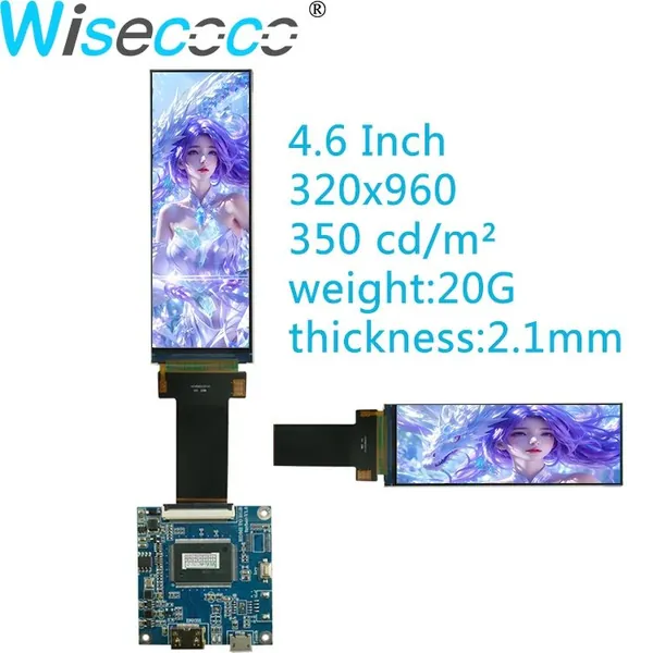 Wisecoco 4.6" Монитор 4.6" вытянутый барный LCD дисплей 320×960 SPI RGB с драйверной платой, для панели приборов электротранспорта и кофемашин (TOP046C01S), IPS, 60 Гц, серый металлик