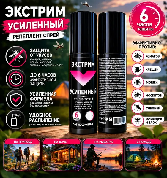 Усиленный Спрей от комаров и клещей репеллент