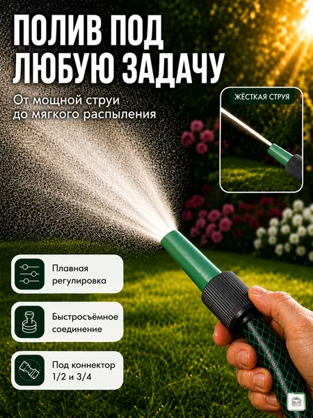 Распылитель для полива сада и огорода насадка на шланг поливалка для дачи с регулировкой напора под коннектор 012601