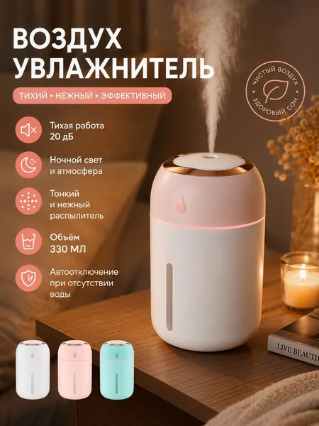 Увлажнитель воздуха Увлажнитель воздуха 260 мл Увлажнитель воздуха «Small M Humidifier» Белый — мини-USB аромадиффузор, с ночником, бесшумный, портативный, для дома и офиса, светло-серый, светло-розовый