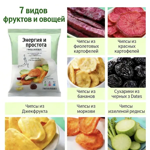 Смесь фруктов и овощей: морковь, фиолетовый батат, сушеные бананы, сушеный джекфрут, ломтики картофеля, красные финики. Натуральный продукт без добавок, богатый питательными веществами.