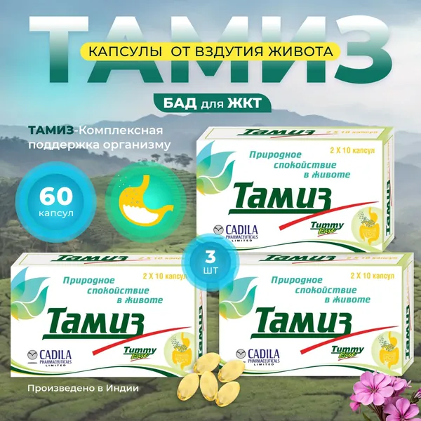 3 шт ТАМИЗ 20 Капсул от вздутия живота, пучения, ощущение тяжести в животе и в кишечнике, против урчания и отрыжки, мягкое слабительное, улучшение моторной функции кишечника, от запоров.