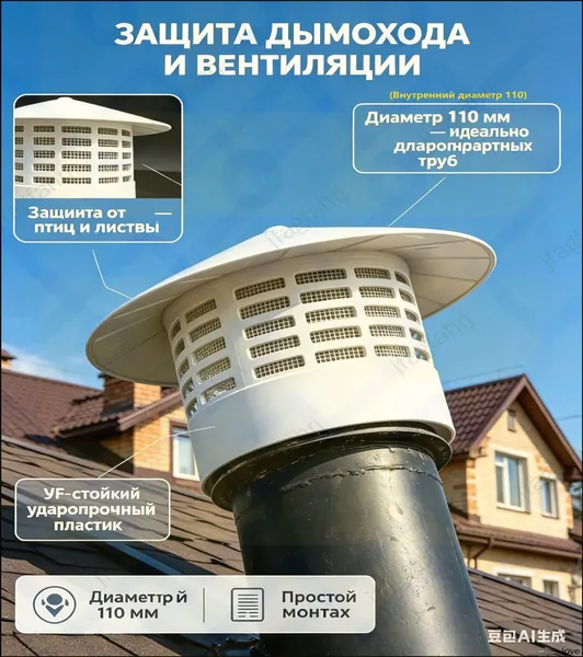 Колпак на дымоход и вентиляцию 110 мм, зонт на трубу вытяжки пластиковый - оголовок для канализации и кровли, де