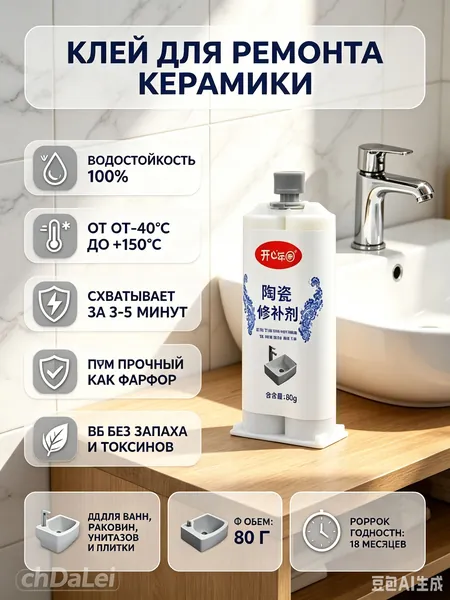 Клей для ремонта ceramics 80 г, универсальный реставрационный состав для ремонта сколов посуды, фарфора, плитки, ванны, раковины. Двухкомпонентный влагостойкий эпоксидный герметик