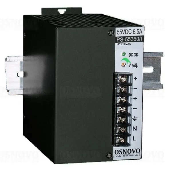Блок питания OSNOVO PS-55360/I промышленный. DC55V, 6,5A (360W). Диапазон входных напряжений: AC100-240V. КПД: 83%. Регулировка выходного напряжения в