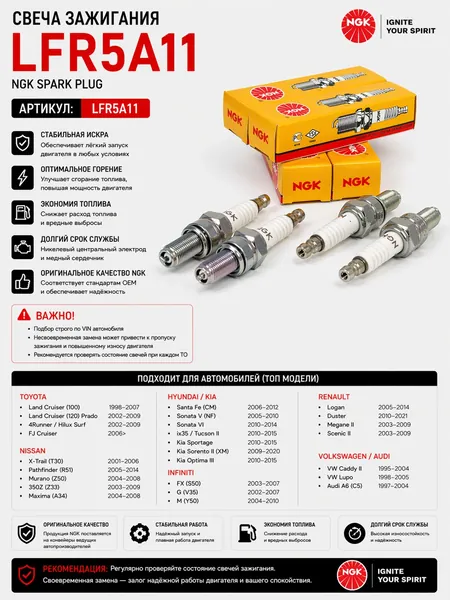 Свечи зажигания NGK 6376 LFR5A-11 (комплект 4шт) Hyundai (Elantra, ix35, Santa Fe, Sonata, Tucson) KIA (Cerato, Optima, Soul Sportage Sorento Magentis) Nissan (Almera Classic Teana X-Trail)