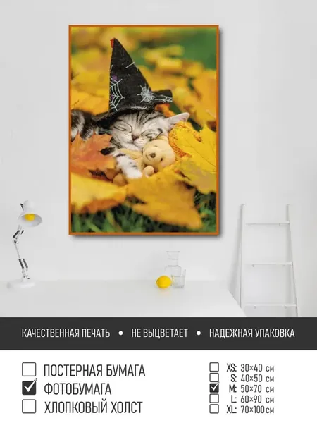 Постер на фотобумаге Котенок в желтых листьях, 50х70 см