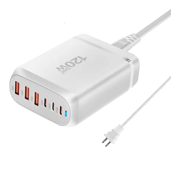 Зарядка 120 Вт с 6 портами 3xUSB+3xType C для нескольких устройств в загруженных местах, Белый - US