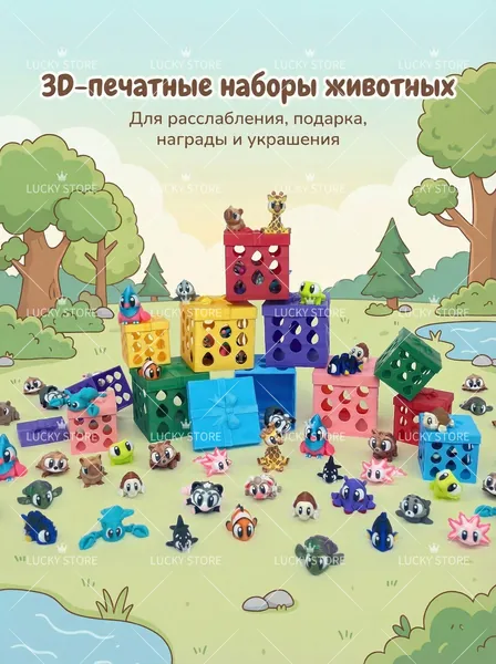 Мини-игрушки-животные 3D-печать (3 шт, 17 моделей) + Подарок: Цветная пластиковая коробка-клетка для хранения! Антистресс, награда для детей, новогодний подарок, настольный декор