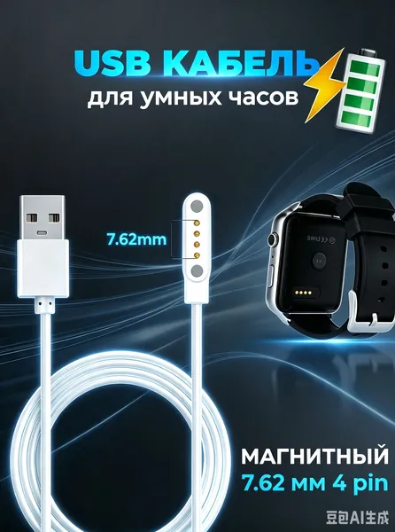 Магнитная зарядка USB кабель для смарт часов универсальная 7.62 мм 4 pin / зарядное устройство детских умных часов Aimoto / Elari / Geozon / Jet kid / шнур провод для Smart baby watch