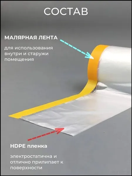 Пленка ремонтная с малярным скотчем, премиумзащита для поверхностей. Ширина 2,7 м, не оставляет следов. Рулон 20 метров применяется.