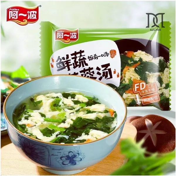 Питательный суп на яичной основе с популярными вкусами шпината, грибов шиитаке и морских водорослей, 8 г, предлагается в наборах по 5, 10, 15 или 30 пакетов для быстрого приготовления.