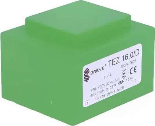BREVE TEZ16/D400/24V Трансформатор залитый, 16ВА, 400VAC, 24В, Монтаж PCB, IP00, 420г, 1шт