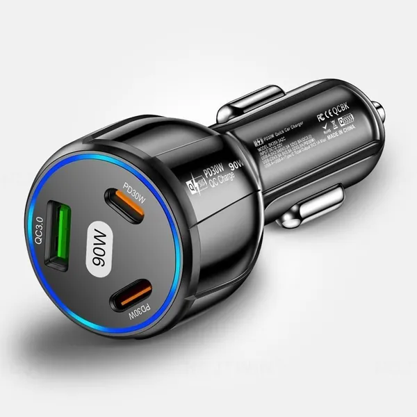 Быстрое зарядное устройство мощностью 90 Вт с 3 портами PD USB для автомобильной зарядки мобильного телефона Type-C Адаптер Быстрое зарядное устройство в автомобиле для iPhone 14 15 Pro / Max Samsung