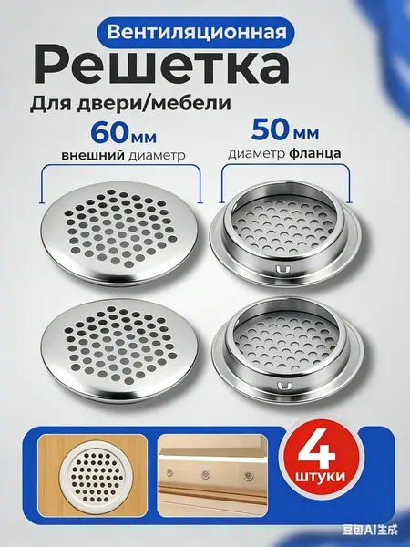 Решетка вентиляционная для двери / Вентиляция металлическая, Прозрачный цвет, круглая, для мебели / Воздуховод на дверь, 50 мм, 4 шт. вытяжное устройство