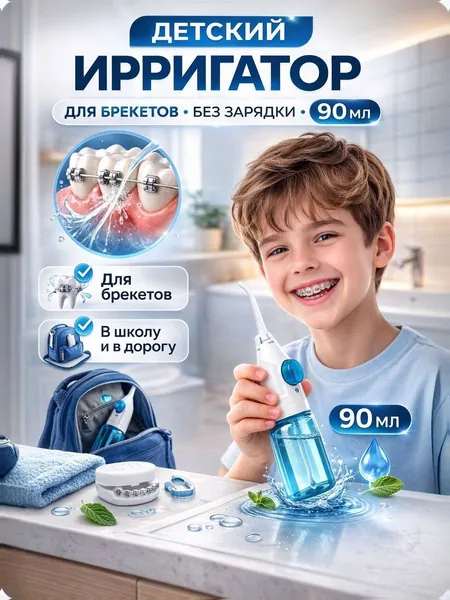Детский ирригатор для зубов ручной механический 90 мл без зарядки, портативный дорожный, для брекетов и школьниковДетский портативный ирригатор без зарядки 90 мл, для брекетов и школьников