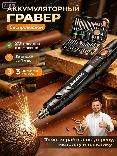 Беспроводной гравер аккумуляторный для дерева и металла. Мощная мини дрель 25000 об/мин с 27 насадками для точных фрезерных работ дома.