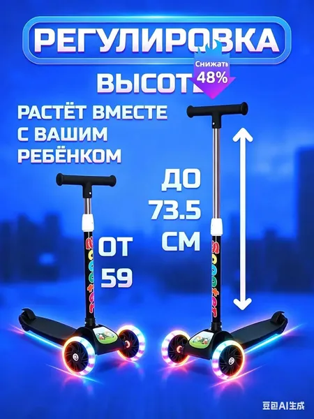 Самокат трехколесный, черный