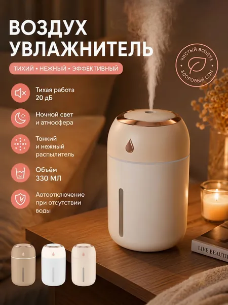 Увлажнитель воздуха Увлажнитель воздуха 260 мл Увлажнитель воздуха «Small M Humidifier» Белый — мини-USB аромадиффузор, с ночником, бесшумный, портативный, для дома и офиса, светло-серый, слоновая кость